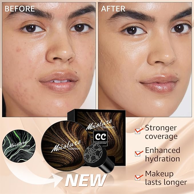 Mushroom Head Air Cushion CC Cream - New Upgraded BB Cream Face Makeup Foundation for Mature Skin Moisturizing Concealer Brighten Long-Lasting, Gold Packaging (Natural, 3.21 Ounce (Pack of 1))