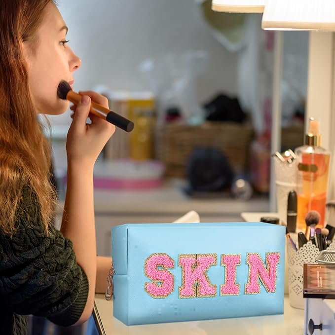 3 PCS Skin Care Bags for Girls Women, Preppy Makeup Bag, Hair Face Skin Stuff Travel Bags, PU Leather Toiletry Bag for Traveling, Bathroom Gift for Mother's Day Wife