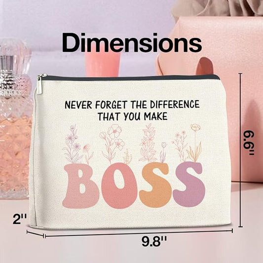 Makeup Bag - Thank You Gifts for Boss Lady, Appreciation Gift for Female Boss - Never Forget the Difference She Makes - Cosmetic Bag with Zipper Makeup Pouch