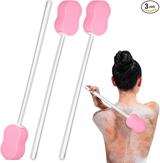 3 Pcs Long Handle Bath Sponge 22.4'' Back Sponge on a Stick Lightweight Back Washer Handled Butt Scrubber Shower Brush for Foot Body Cleaning Bathing Limited Motion(Pink)