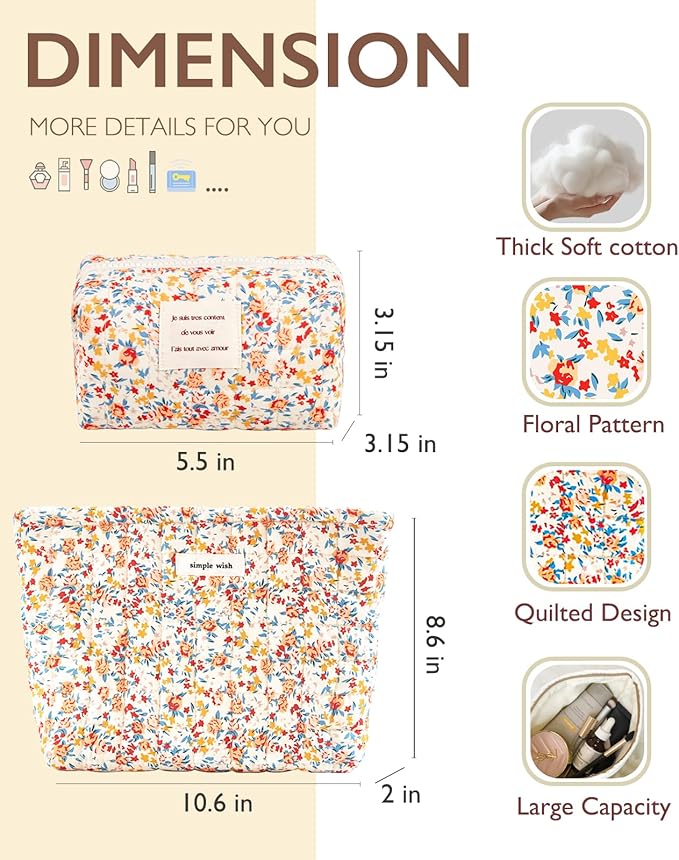 2 Pieces Floral Makeup Bag, Cute Travel Quilted Pouch Cosmetic Bag Organizer, Small Cotton Coquette Aesthetic Purse Toiletry Bag for Women Girls accessories (Red Flower-2PCS)