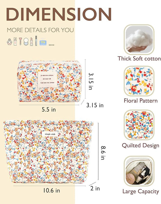 2 Pieces Floral Makeup Bag, Cute Travel Quilted Pouch Cosmetic Bag Organizer, Small Cotton Coquette Aesthetic Purse Toiletry Bag for Women Girls accessories (Red Flower-2PCS)