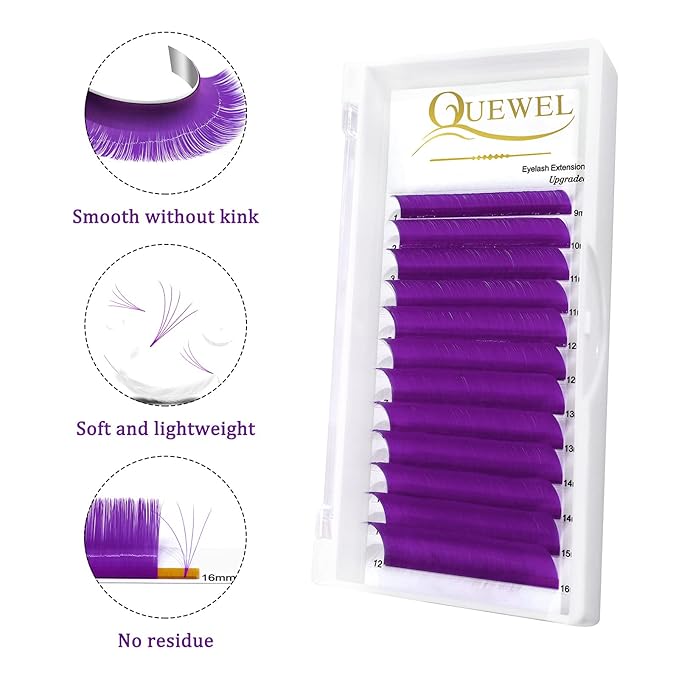 QUEWEL Easy Fan Volume Lashes .07 D Curl Purple 9-16mm Mixed Lash Tray Color Extensions Self Fanning 2D-10D Eyelash Extensions (Purple 0.07 D 9-16mm)