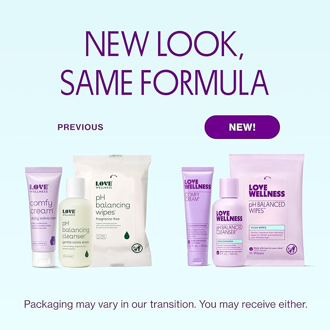 Love Wellness Skincare for Down There Bundle | Gentle pH Balancing Cleanser, Moisturizing Comfy Cream & Refreshing Wipes | Feminine Care for pH Balance, Dry & Sensitive Vulva | Fragrance-Free