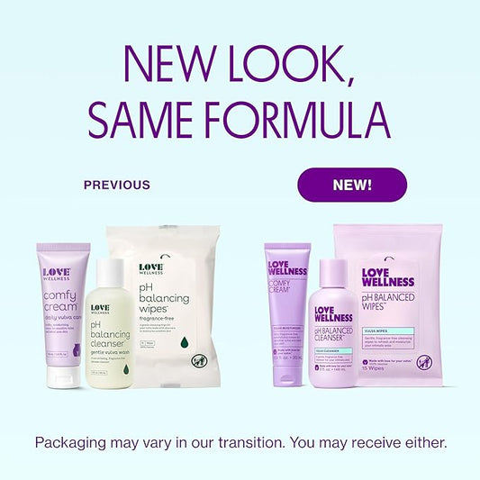 Love Wellness Skincare for Down There Bundle | Gentle pH Balancing Cleanser, Moisturizing Comfy Cream & Refreshing Wipes | Feminine Care for pH Balance, Dry & Sensitive Vulva | Fragrance-Free