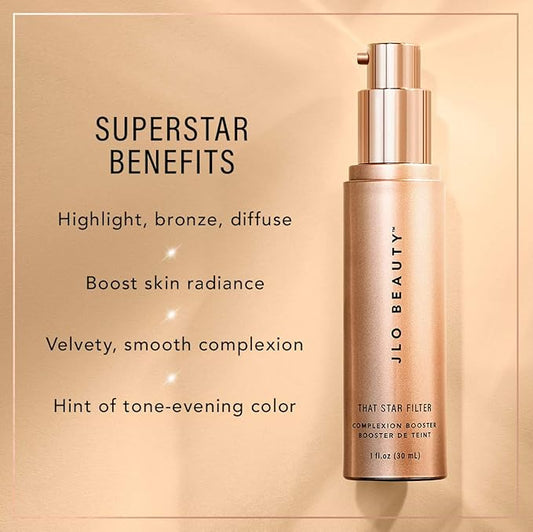 JLO BEAUTY That Star Filter Complexion Booster Highlighter & Bronzing Drops, Rich Bronze, 1 fl oz, For Body & Face, Makeup Primer with Vitamin E, Lightweight Shimmer Sheer Formula, Dewy, Glowy Skin