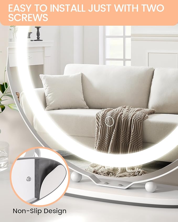 19 Inch Vanity Mirror with Lights, Round Large LED Vanity Mirror with Smart Touch 3 Colors Dimmable, Touch Lighting, 360° Rotation for Dressing Room and Bedroom Tabletop, Easy Assembly(white)