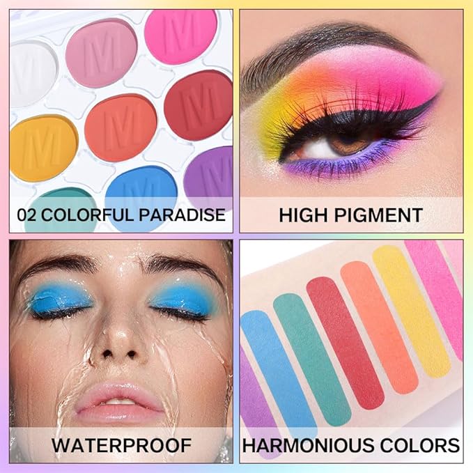 9 Colors Eyeshadow Palette Makeup, Multicolor Pop Eyeshadow Palette, Blendable Matte Shimmer, White Pink Rose Pink Yellow Orange Red Green Blue Purple Palette Eye Shadow, Long-lasting waterproof 2#