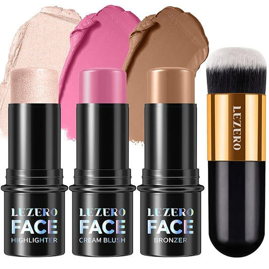 Lezero 3Pcs Contour Stick Makeup Kit, Shades with Highlighter, Blush and Bronzer Trio for Sculpt the Cheeks and Body, Longwear, Waterproof, Dewy & Matte Finish, #1 LIGHT FAIR (08,11,14)