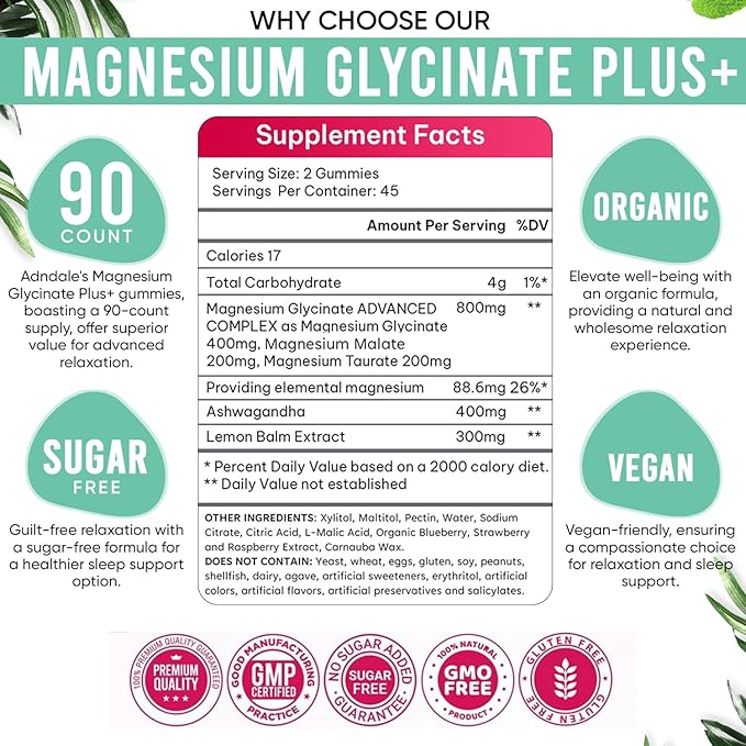 Adndale 180 CT Magnesium Glycinate Gummies 400 mg/Serv, with Ashwagandha, Magnesium Malate & Taurate, Sugar Free Chews for Adults & Kids Relaxation, Stress Relief, Night Rest, Muscle & Cardio Support