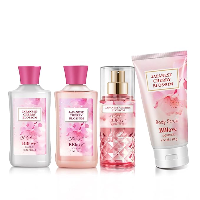 Bath and Body Gift Set for Women & Girls, Japanese Cherry Blossom, 4PCS Set for-Shower Gel, Body Lotion, Body Mist, Exfoliating Scrub, Body Care Set
