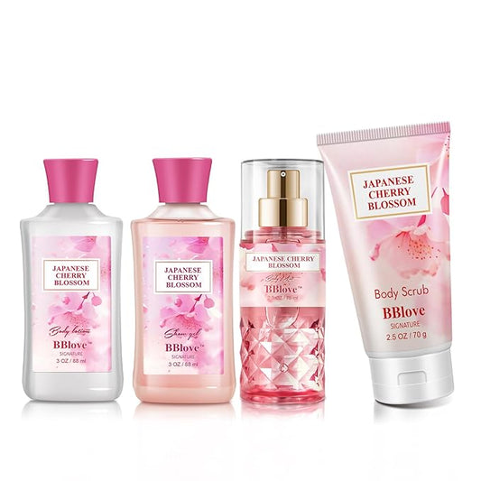 Bath and Body Gift Set for Women & Girls, Japanese Cherry Blossom, 4PCS Set for-Shower Gel, Body Lotion, Body Mist, Exfoliating Scrub, Body Care Set