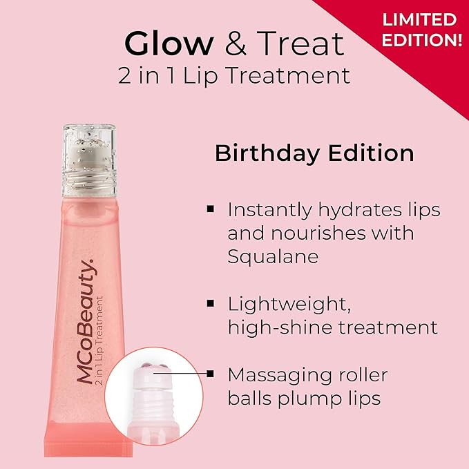 MCoBeauty 2-in-1 Glow & Treat Lip Oil, Birthday Edition, Hydrating Tint for Luscious Lips, Vegan, Cruelty Free Cosmetics