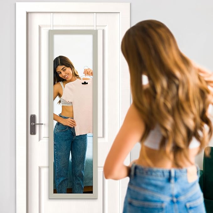 Americanflat 12x48 Over The Door Mirror - Hanging Full Length Mirrors with Engineered Wood - Modern Mirror for Bathroom, Bedroom, Living Room - Mirrors for Wall Display and Home Decor - Light Wood