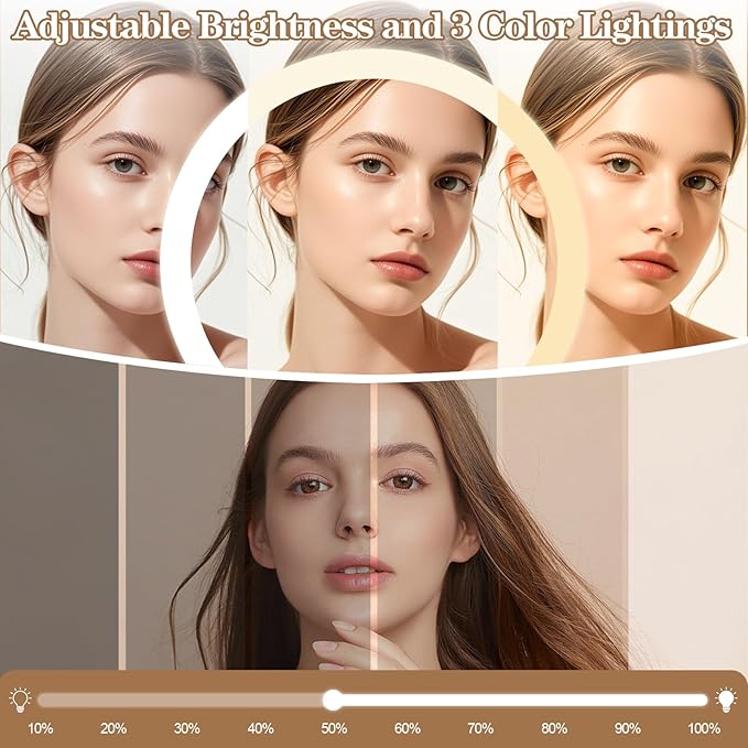 Makeup Mirror with Lights, 1x/10x Magnifying Mirror with Light & 3 Colors - Adjustable Brightness, 360° Rotating Portable Travel Makeup Mirror, Hanging/Handheld/Desktop Design,Vanity Mirrors for Women