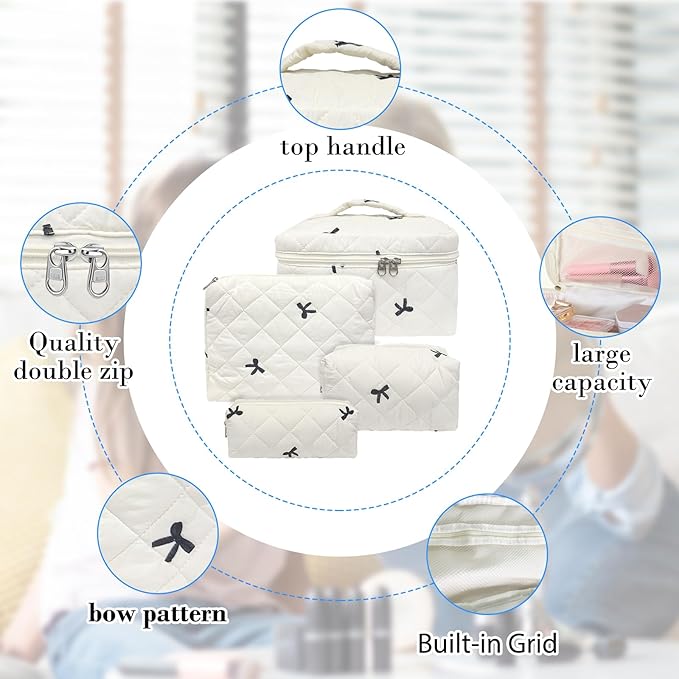 4 Piece Cute Bow Embroidered Quilted Makeup Bag Set, Large Capacity Travel Makeup Bags for Women and Girls, Includes Small, Small-Medium,Medium, and Extra Large aesthetic makeup&Cosmetic Bags