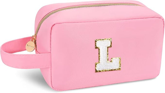 Aveniee Initial Monogram Makeup Bag,Personalized Travel Makeup Bag Pouch Organizer With Handle,Preppy Cosmetic Bag,Christmas Birthday Gifts for Women Teen Girls Sister-Pink L