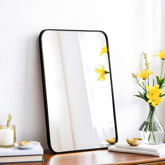 16x24 Rectangle Mirror Full Length Wall Mounted Hanging or Against Wall Metal Frame Dressing Make-up Mirrors for Entryway Bedroom Bathroom Living Room 16 24 inch Black