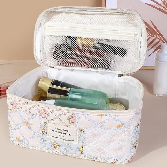 3 Pcs Quilted Makeup Bag Set,Coquette Cotton Make up Bag,Cute Floral Makeup Bags Large Toiletry Cosmetic Bag Organizer for Women Girls (J-3PCS)