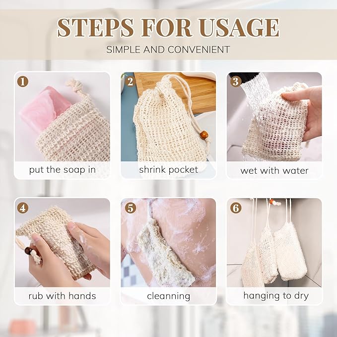20 Pack Soap Exfoliating Bag, Natural Sisal Soap Saver Bag with Drawstring, Soap Saver Bag with Wooden Bead, Exfoliating Soap Bag for Shower