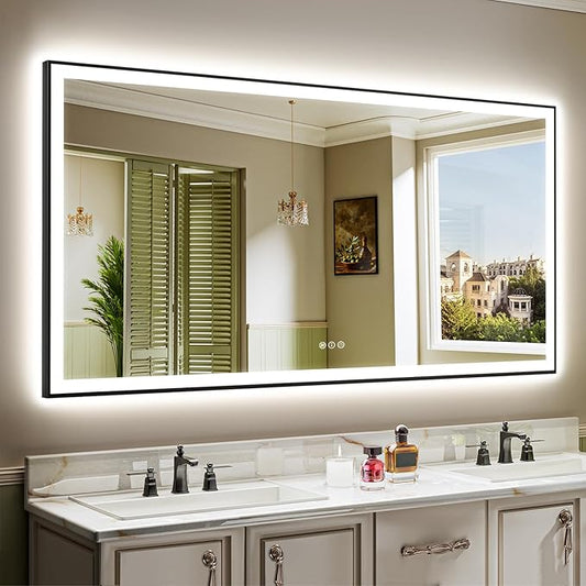66x36 Inch LED Bathroom Mirror with Lights (Front Lit and Backlit) Black Framed Lighted Vanity Mirror for Bathroom Wall Dimmable Anti-Fog Memory Tempered Glass Horizontal/Vertical