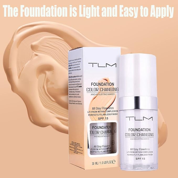 2Pcs 30ml TLM Colour Changing Foundation Makeup Concealer Cover Cream Full Coverage Flawless Liquid Base Nude Face Liquid Cover Concealer Change Skin Tone All-Day Moisturizing Foundation for Women&Girls