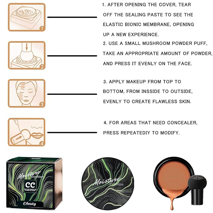 Mushroom Head Air Cushion CC Cream Foundation, BB Cream Concealer Lasting Makeup Foundation, Waterproof Oil Control Long-Lasting Nude Makeup, Even Skin Tone Primer