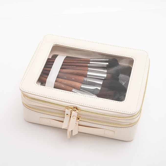 Aveniee Clear Makeup Bags, Double Layer Cosmetic Case with Separate Brush Compartment, Large Toiletry Organizer for Women, Travel Accessories Holder(2 Layers Large, White)