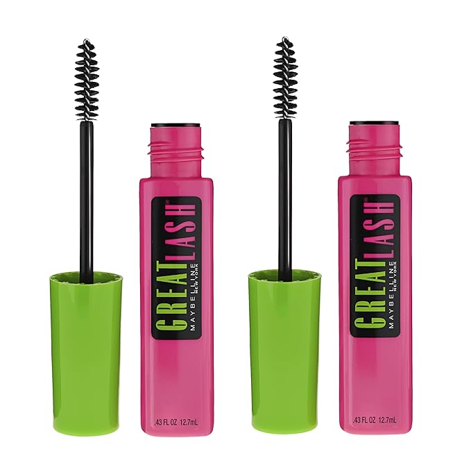 Maybelline Great Lash Washable Mascara Makeup, Volumizing Lash-Doubling Formula That Conditions As It Thickens, Very Black, 2 Count