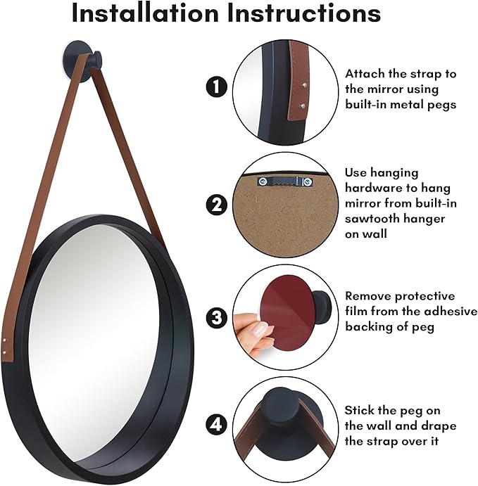 Americanflat 20" Round Mirror with Strap - Hanging Mirrors with Durable Frame - Modern Mirror for Bathroom, Bedroom, Living Room - Mirrors for Wall Display and Home Decor - Black