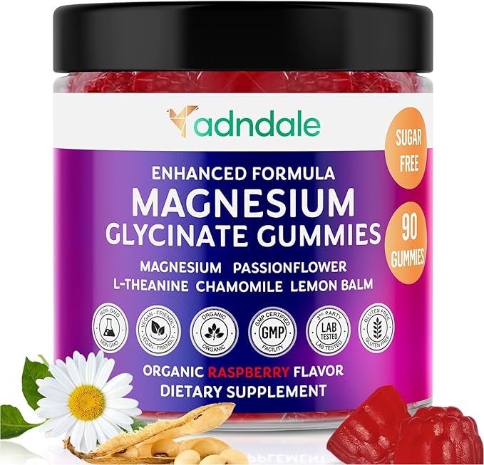 Adndale Magnesium Glycinate Gummies 90CT for Adults and Kids. 150 mg Chelated Mg with L-Theanine, Passionflower, Chamomile & Lemon Balm. Raspberry Flavor. Clear Thinking, Restful Nights, Muscle Ease