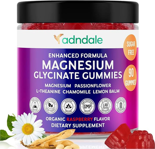 Adndale Magnesium Glycinate Gummies 90CT for Adults and Kids. 150 mg Chelated Mg with L-Theanine, Passionflower, Chamomile & Lemon Balm. Raspberry Flavor. Clear Thinking, Restful Nights, Muscle Ease