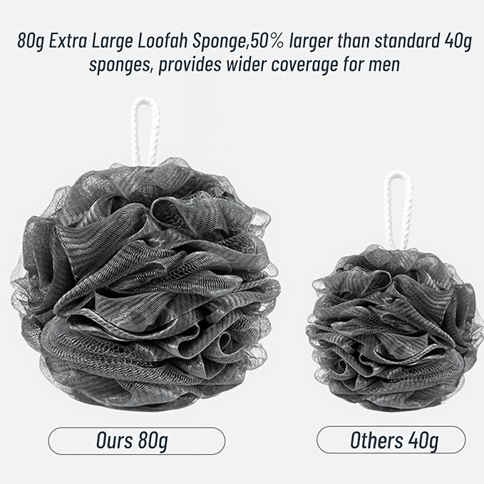 6-Pack 80g Shower Loofah for Men – Extra-Large Body Sponge with Triple-Tied Knots, High-Density Mesh, Rich Lather, Durable Exfoliating Pouf (Black)