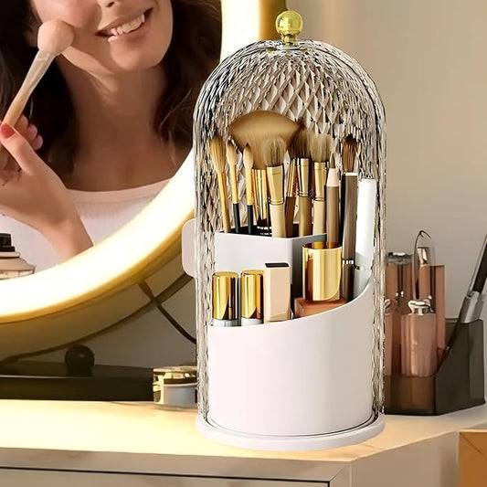Makeup Brush Holder with Lid，Makeup Brush Storage Box with Diamond Pattern，360 Rotating Waterproof and Dustproof Beauty Brushes Storage for Vanity Bathroom,White