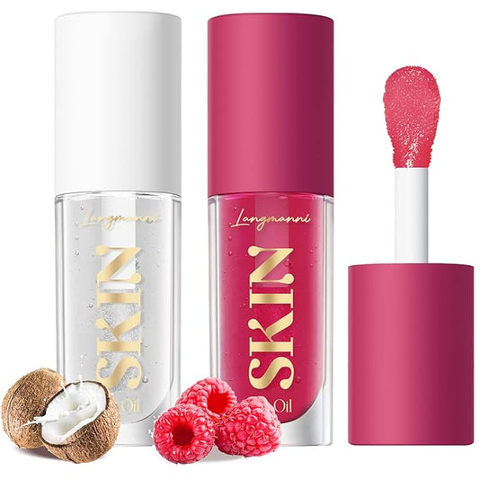 LANGMANNI Moisturizing Lip Oil,No-Sticky Lip Gloss Lip Balm Lip Care,Fruit Flavoured Lip Oil For Dry Lip's Moisturizing Hydrating And Nourishing ((Raspberry+Coco))
