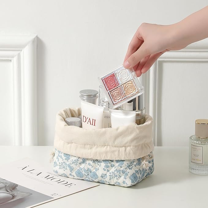 3pcs Large Cotton Quilted Makeup Bag Set,Coquette Aesthetic Cute Travel Toiletry Bag,Drawstring Gift Bag for Women and Girls(3Pcs Light Blue)