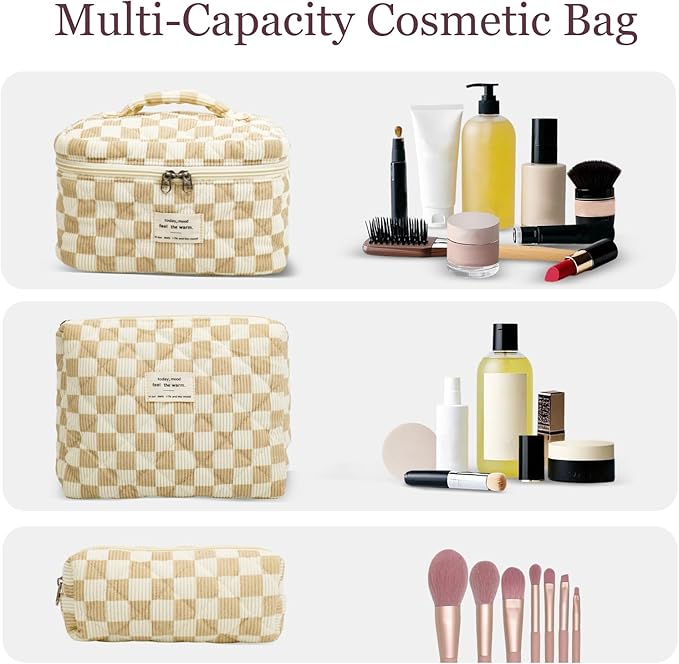 3Pcs Cotton Quilted Makeup Bag Set,Large Floral Cosmetic Bag，Aesthetic Toiletry Travel Makeup Bag Set and Cute Flower Bag for Women Girls (White Brown Plaid)