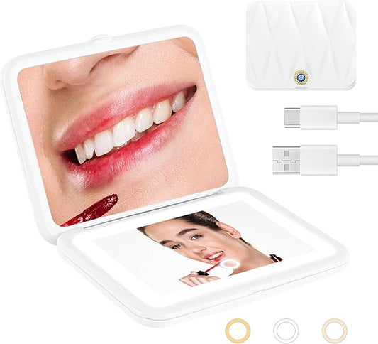 LED Compact Mirror with Light,1x/5x Magnifying Travel Makeup Mirror with 3 Color Settings & Dimmable, Rechargeable Small Mirror for Purses, Perfect for Women’s Travel or Daily Use-White