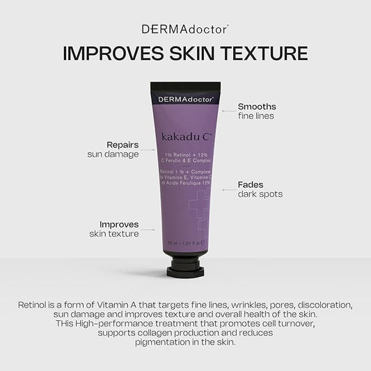 DERMAdoctor Retinol Cream for Face - Stable Vitamin C & E, Ferulic Acid Anti Aging Face Cream 1% Retinol Vitamin C Facial Moisturizer Night-Cream for Dullness, Discoloration, Fine Lines, & Wrinkles