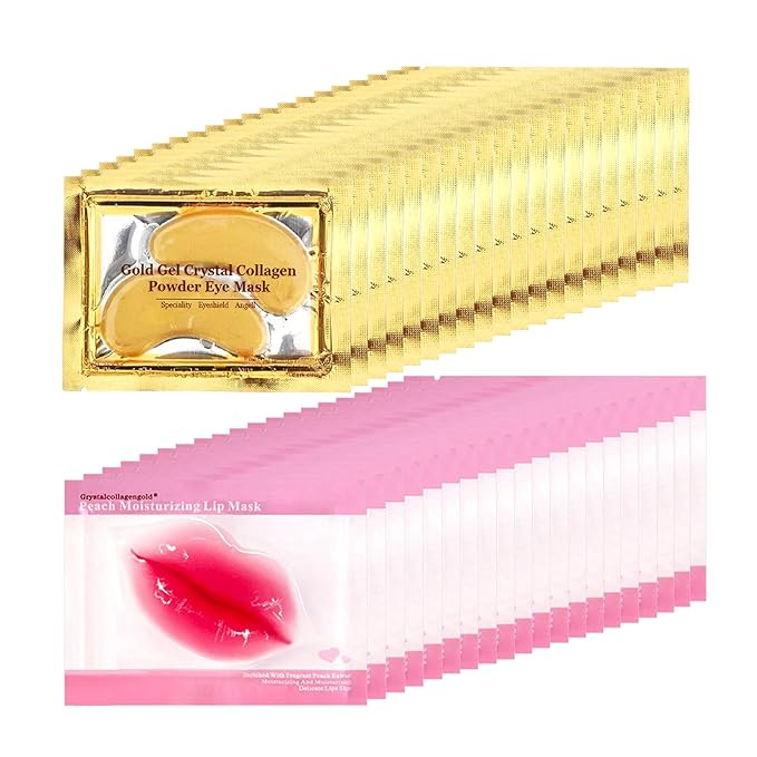 40 Pairs 24K Gold Eye Masks & Lip Masks, Crystal Collagen Under Eye Patches for Puffy Eye, Moisturizing Skin Care Lip Eyes Patches for Dark Circles, Wrinkles and Fine Lines (gold and peach red)