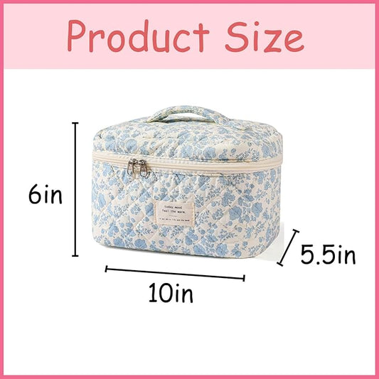 uekeboag Large Travel Quilted Makeup Bag for Women, Floral Cotton Cosmetic Bag, Coquette Aesthetic Floral Toiletry Organizer Bag