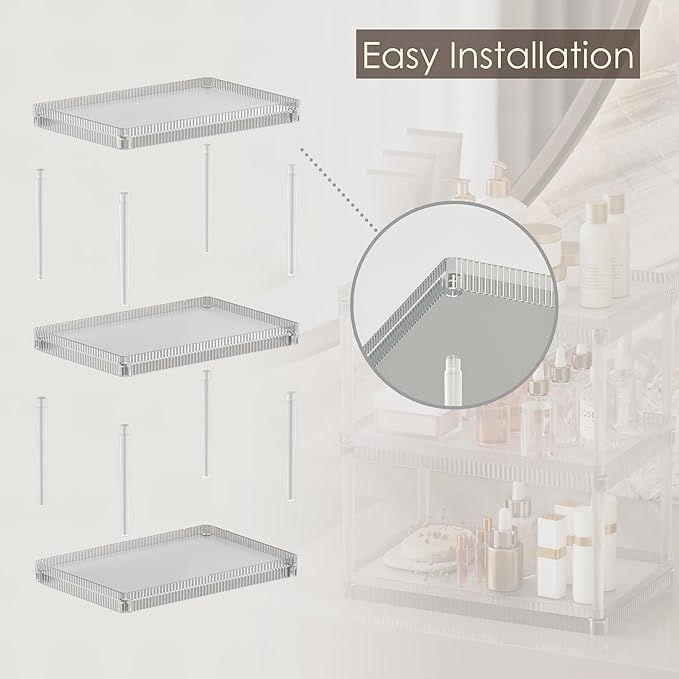 3-Tier Makeup Cosmetic Organizer Shelf Multifunctional Vanity Storage Rack for Cosmetics, Skincare, Beauty Products, Spice Organizer Shelf for Bathroom, Bedroom, Kitchen, Frosted Clear