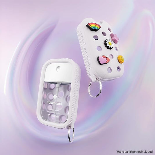 Touchland x Crocs Limited Edition Mist Case 1 Fl. OZ., Stylish Hand Sanitizer Spray Accessory, with 5 Jibbitz Charms and Keyring, Cosmic White Color