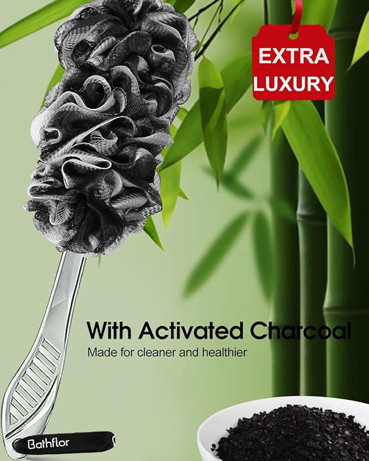 Loofah Sponge Exfoliating Body Scrubber，Loofahs with Handle: 2PCS Long Handle Loofa Back Scrubber, 1PCS Luffa Hook, Charcoal Loofah Pack for Women Men Bath Wash, Black and Blue