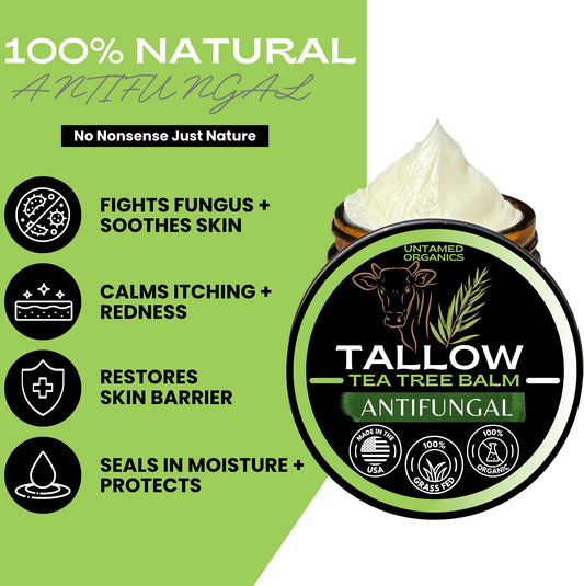 Untamed Organics Tallow Antifungal Balm | Organic Tea Tree Oil Balm with Grass-Fed Tallow | Non-Toxic Itchy Skin Relief Balm | All Natural Remedy for Athletes Foot, Jock Itch, Ringworm | 2 FL. oz.