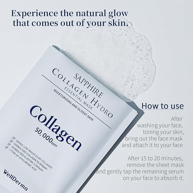 WELLDERMA Sapphire Collagen Hydro Essential Mask, 10 Sheets – Moisturizing & Soothing Sheet Mask with Collagen & Ceramide, 1.01 fl.oz (30mL) x 10ea