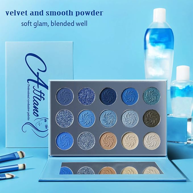 Afflano Blue Eyeshadow Palette Matte Shimmer, Highly Pigmented Waterproof Space Blue Eye Shadow Palette, Navy Silver Blue Glitter Eyeshadow Pallet for Christmas Snowflake Blue Eyes Makeup
