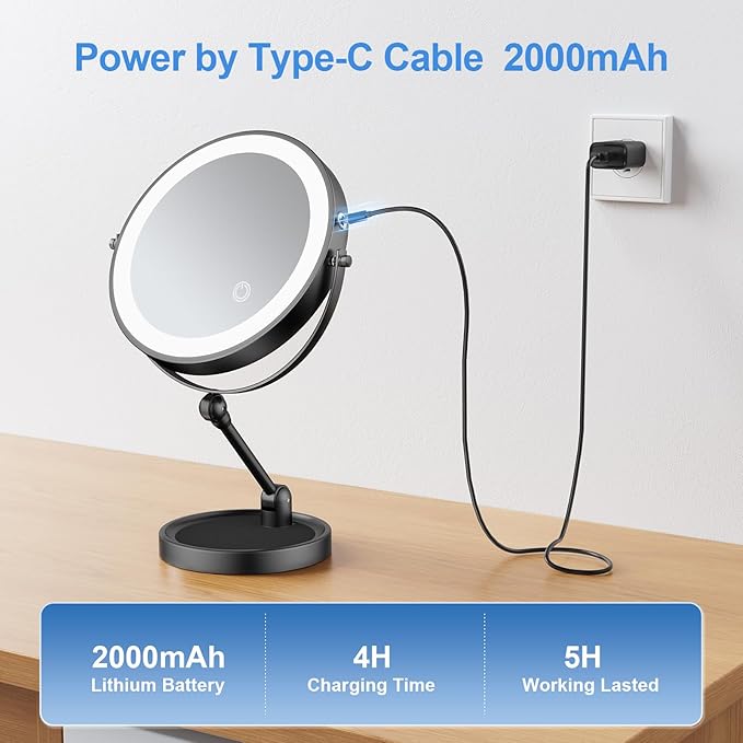 Makeup Mirror with Lights[Brightness Enhanced Version], Real 2000mah Rechargeable Double Sided 10x Magnifying Mirror with 3 Colors Table Vanity Mirror with Adjustable Height and Stand,Black