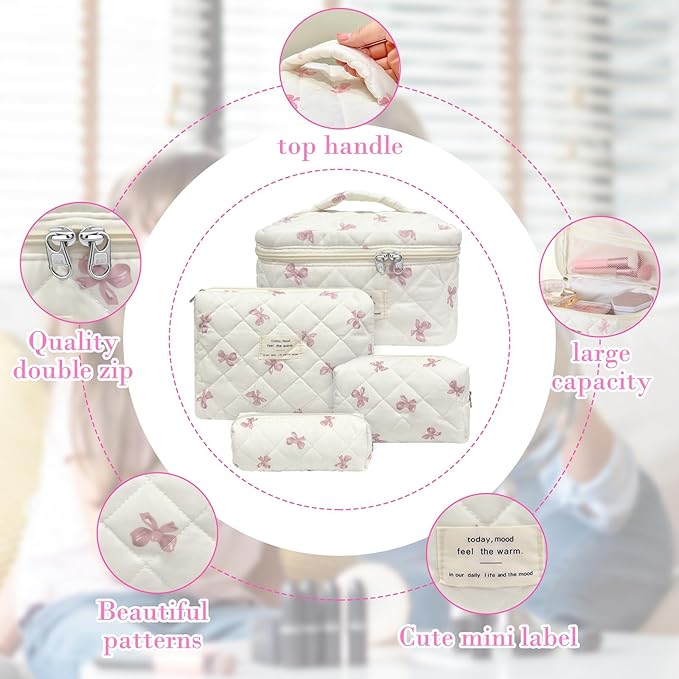 4 Piece Cute Pink Bow Quilted Makeup Bag Set, Large Capacity Travel Makeup Bags for Women and Girls, Includes Small, Small-Medium，Medium, and Large aesthetic makeup&Cosmetic Bags (4PCS-Pink Bow)