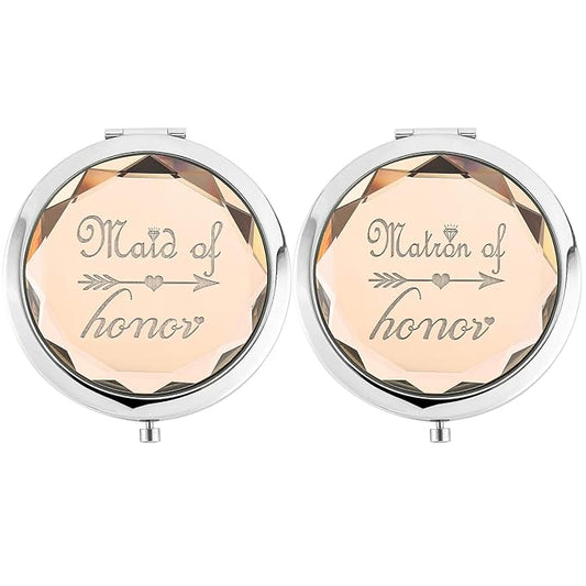 2 Pack Bridesmaid Proposal Gifts,1 Maid of Honor mirror 1 Matron of Honor mirror,Crystal Pocket Compact Makeup Mirror Wedding Bridesmaid Gifts Bachelorette Party Gifts for Bride (champagne)